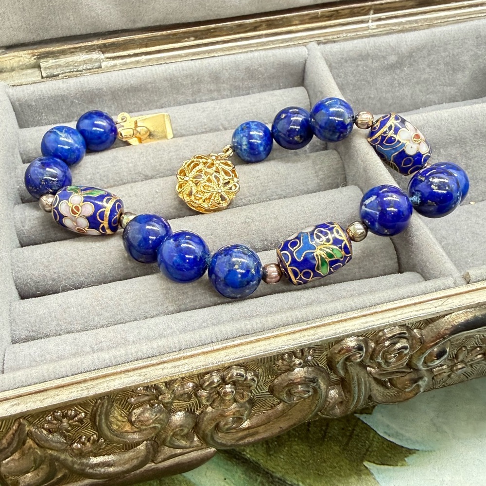 Vintage Lapis Lazuli Silver Gilt Cloisonné Bracelet